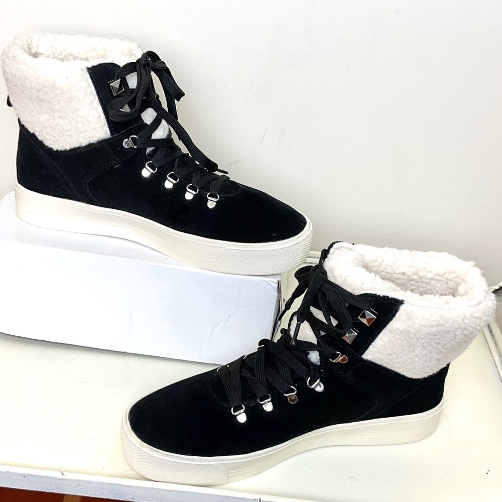 MARC FISHER Daire Black Suede Lace Up Faux Fur Sherpa High Top Sneaker sz 10M - Picture 2 of 16